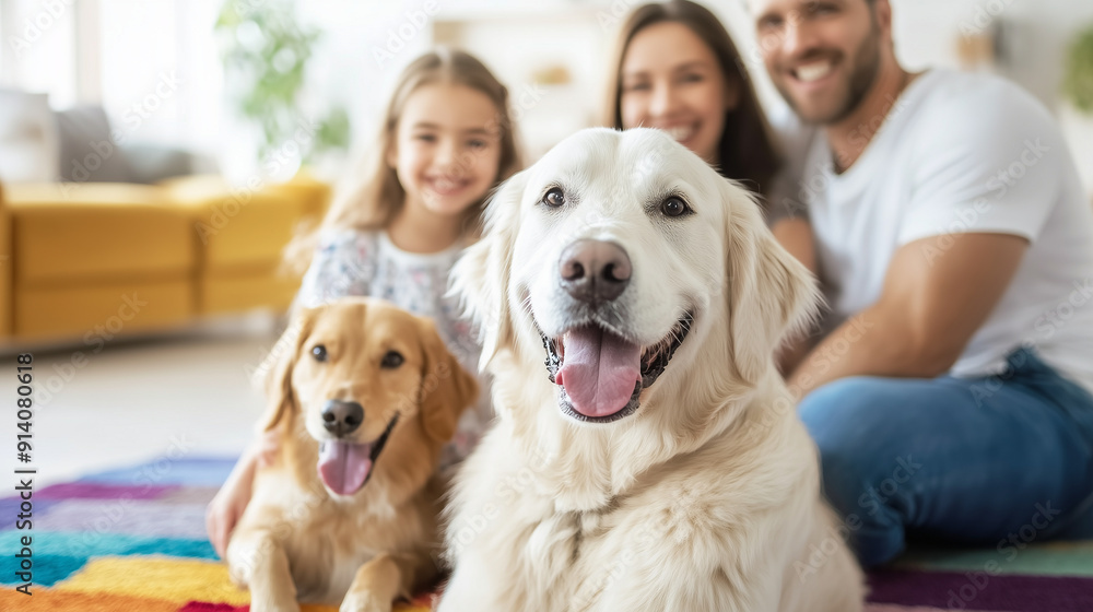 Warm family moments with their dog, parents and daughter sitting on a colorful rug, happy and relaxed, stylish and comfortable living room, with copy space Warm family moments with their dog, parents and daughter sitting on a colorful rug, happy and relaxed, stylish and comfortable living room, with copy space