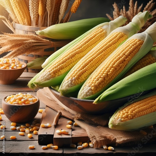 Agricultural bounty with fresh corn cobs, embodying health food ideals with room for advertising copy. photo