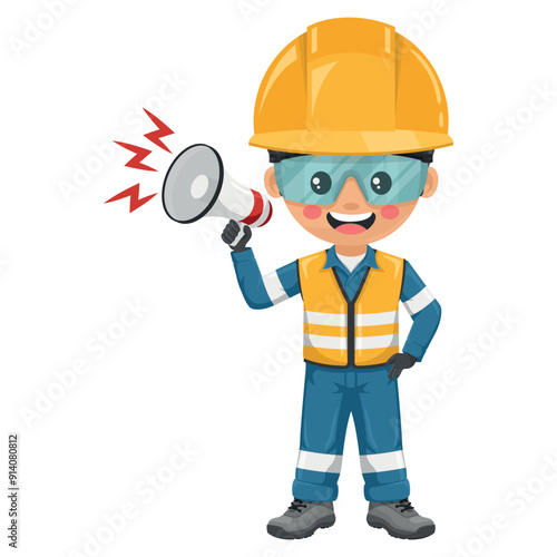 Industrial engineer dressed in reflective safety vest, blue coverall, helmet, safety glasses and gloves making an announcement with a megaphone. Industrial safety and occupational health at work