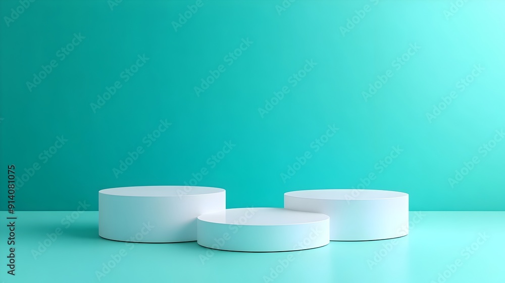 Three White Pedestal Display Stands on Turquoise Background Three White Pedestal Display Stands on Turquoise Background