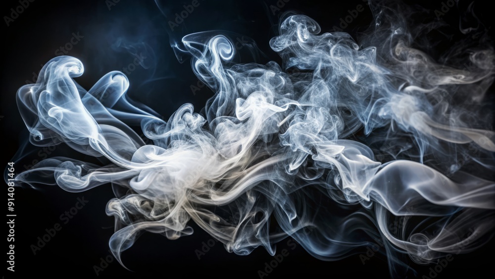 Fototapeta premium Mysterious white smoke wisps elegantly dance against a dark, rich black background, evoking a sense of mystique and sophistication in this abstract, high-contrast scene.