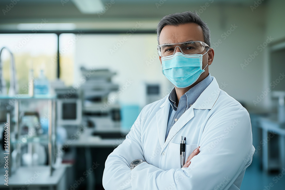 A scientist wearing a lab coat, safety glasses, and a mask, standing confidently in a modern laboratory setting with various equipment in the background. A scientist wearing a lab coat, safety glasses, and a mask, standing confidently in a modern laboratory setting with various equipment in the background.