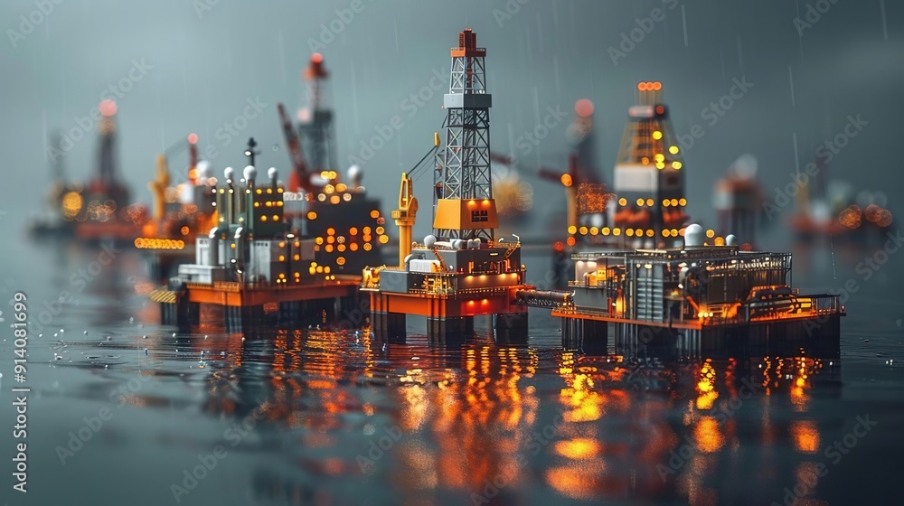 Oil Rigs in the Rain: A Stunning 3D Render Oil Rigs in the Rain: A Stunning 3D Render