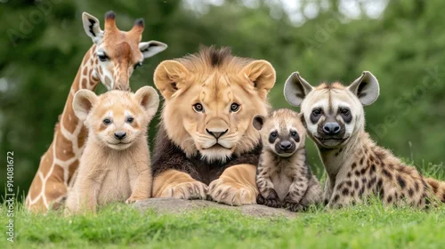 Fototapeta A young lion, two hyena cubs, and a giraffe pose together on a sunny day, showcasing a unique friendship among these wild animals