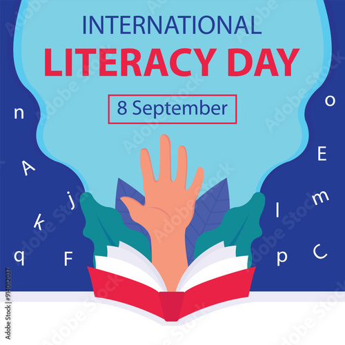 illustration vector graphic of hand comes out of the book, perfect for international day, international literacy day, celebrate, greeting card, etc.