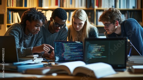 University students working together on a computer program, surrounded by coding books and laptops, illustrating the collaborative study atmosphere in higher education, where teamwork and shared photo