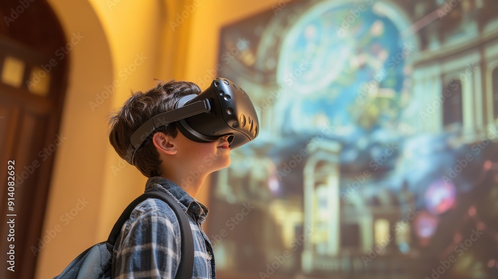 A lively scene of a young student engaged in a virtual education program, using a VR headset to explore historical landmarks and scientific phenomena, demonstrating the immersive and interactive A lively scene of a young student engaged in a virtual education program, using a VR headset to explore historical landmarks and scientific phenomena, demonstrating the immersive and interactive