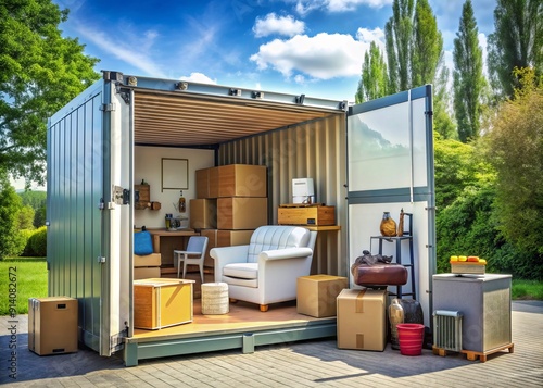 Neatly organized household items, including furniture and appliances, packed in boxes and stored inside a large container for relocation or renovation purposes.