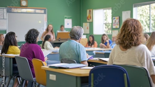 A scene of lifelong learning with adults participating in a variety of educational activities, from language classes to vocational training, demonstrating the value of continuous education in