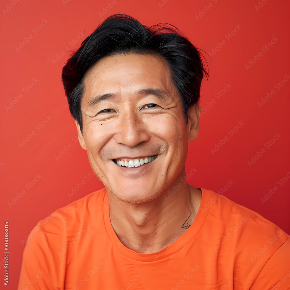 Headshot portrait of Asian man posing for camera. Handsome Chinese Korean guy smiling and wearing orange tshirt. Positive male posing in red background studio Headshot portrait of Asian man posing for camera. Handsome Chinese Korean guy smiling and wearing orange tshirt. Positive male posing in red background studio