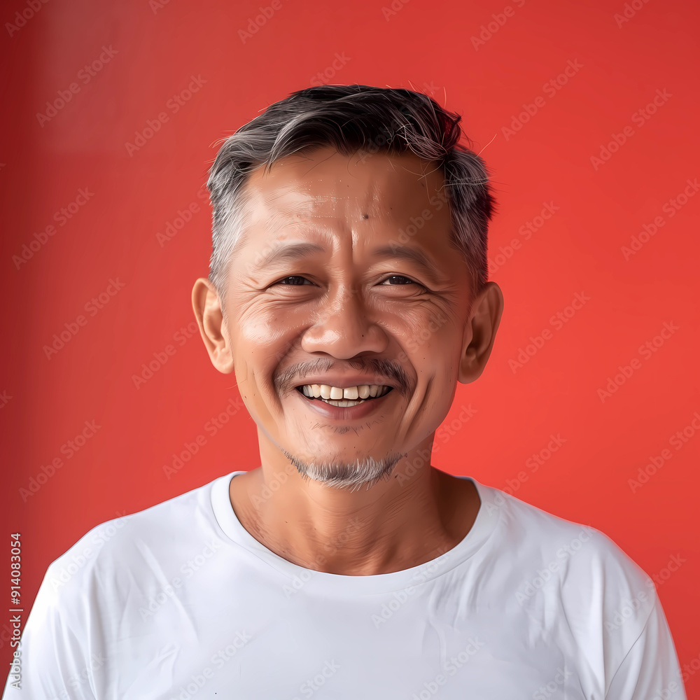 Headshot portrait of South East Asian man posing for camera. Handsome Indonesian man smiling and wearing white tshirt. Positive male posing in red background studio Headshot portrait of South East Asian man posing for camera. Handsome Indonesian man smiling and wearing white tshirt. Positive male posing in red background studio