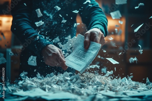 Uncovering Financial Fraud: Person Shredding Incriminating Documents in High Resolution photo