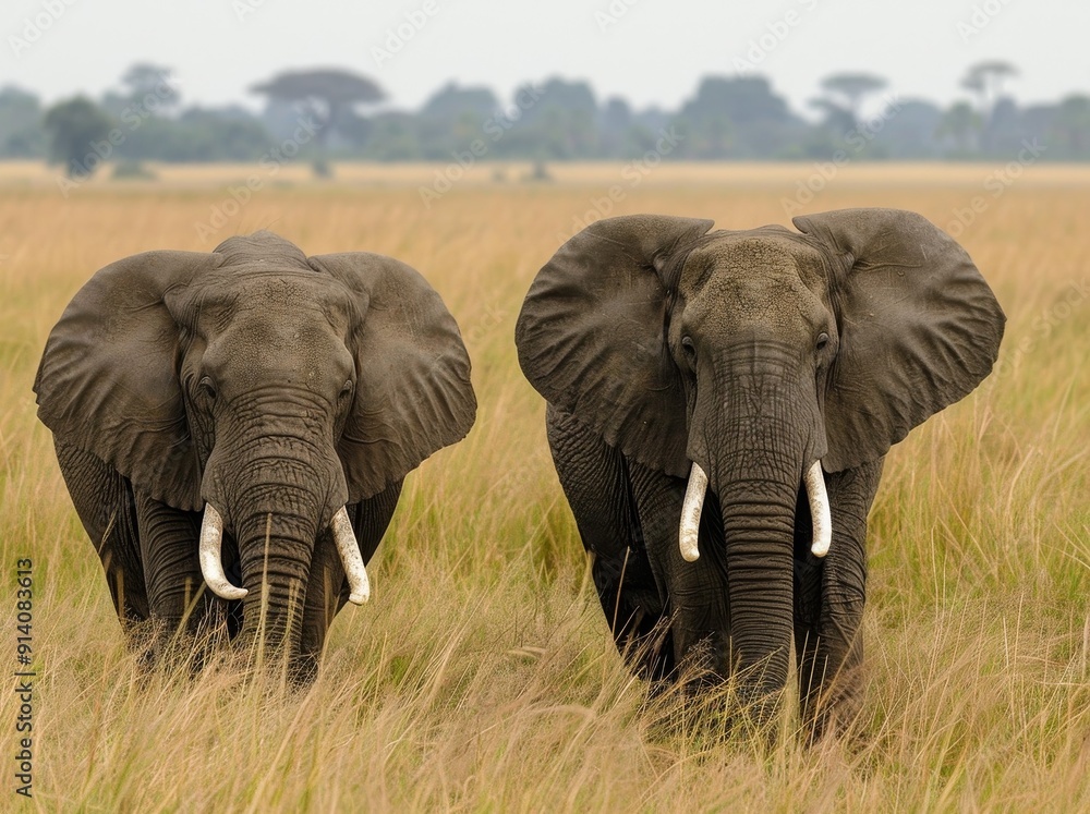 Fototapeta premium A pair of tusky elephants in grassy terrain