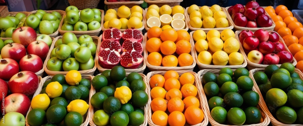 Neatly Arranged Fresh Fruits in Market Baskets Neatly Arranged Fresh Fruits in Market Baskets