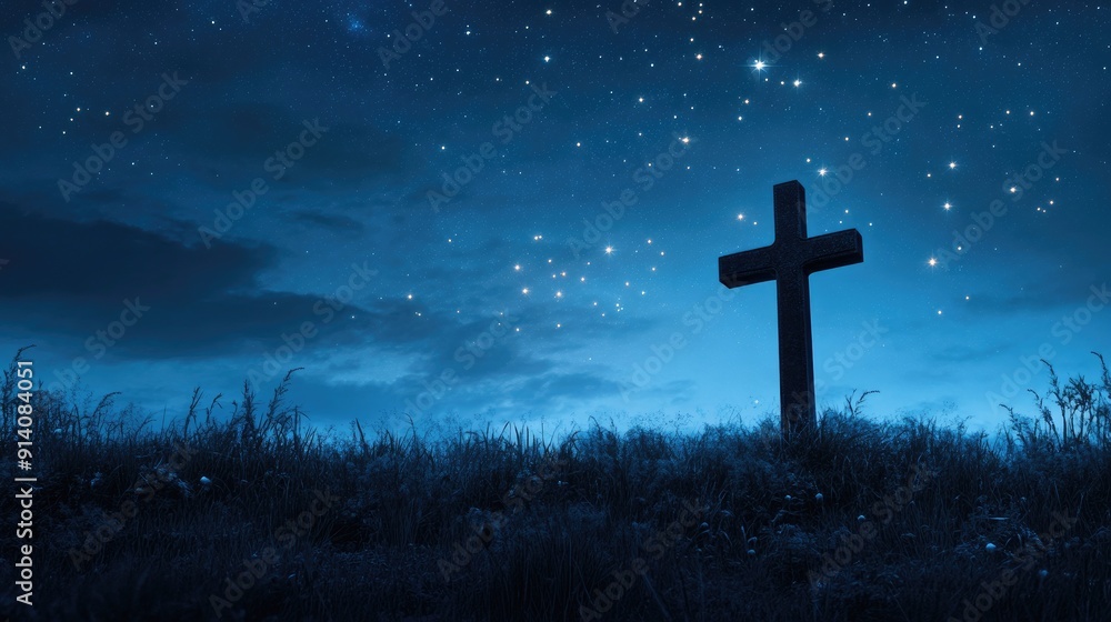 Cross against a starry night sky, reflecting hope and eternity, with room for inspirational text. Cross against a starry night sky, reflecting hope and eternity, with room for inspirational text.