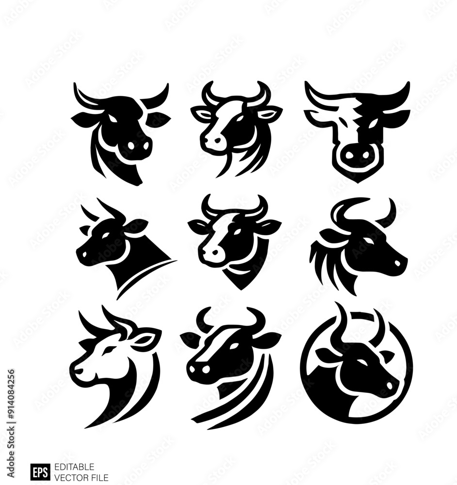 Set of cow farm head logo vector design templates black and white Set of cow farm head logo vector design templates black and white