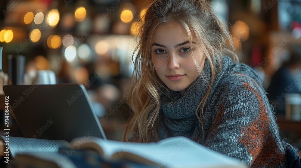 College Student Studying in a Cozy Coffee Shop With Laptop Open and Books Around College Student Studying in a Cozy Coffee Shop With Laptop Open and Books Around