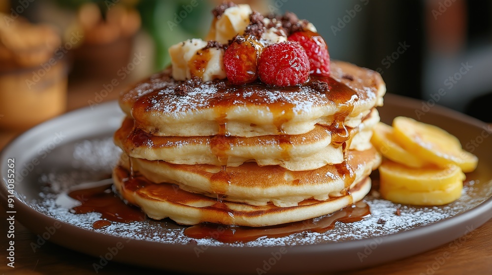 delicious pancake with banana and strawberry slices delicious pancake with banana and strawberry slices