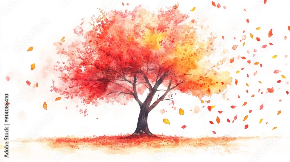 Fototapeta premium 3D Watercolor Autumn Tree - Red & Yellow Leaves Falling - Digital Art