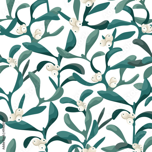 Seamless winter pattern with white mistletoe branches in transparent background. Christmas floral beautiful modern hand drawn texture. Flat vector design for fabric, textile, prints, wallpaper, covers