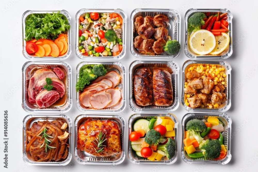 Array of to go foil containers with nutritious meals Variety of daily dishes meat veggies and light snacks on white surface overhead shot Array of to go foil containers with nutritious meals Variety of daily dishes meat veggies and light snacks on white surface overhead shot