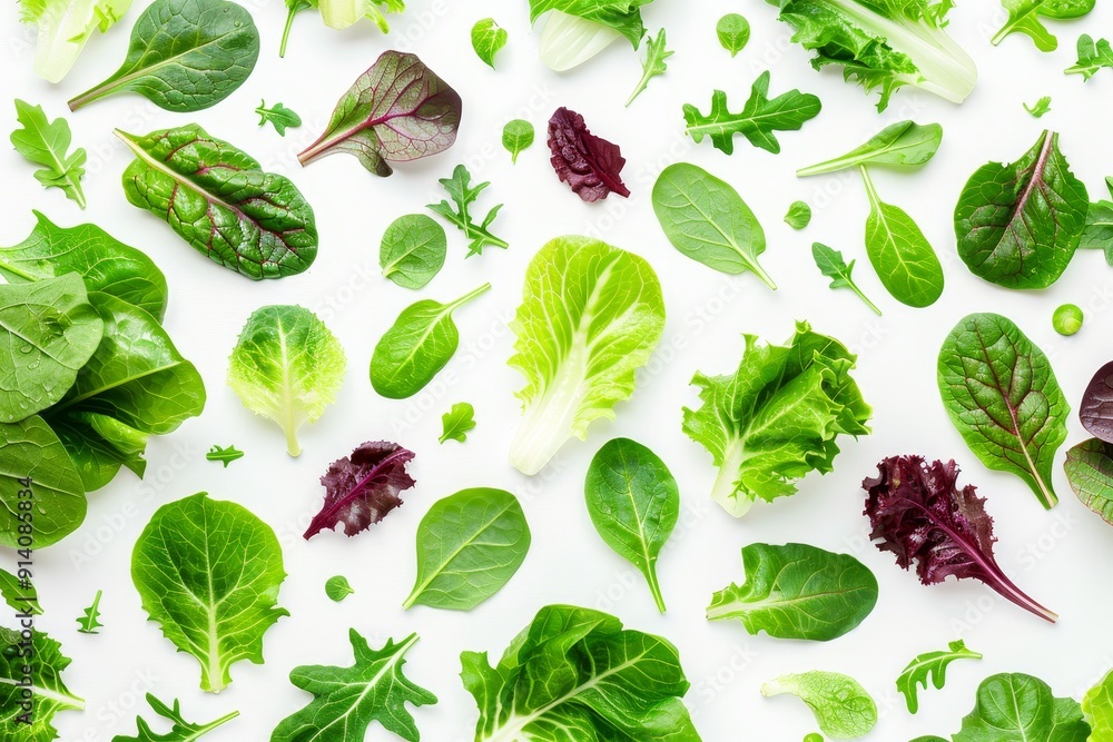 Assorted salad leaves on white surface Creative arrangement Smorgasbord of greens Flat lay Assorted salad leaves on white surface Creative arrangement Smorgasbord of greens Flat lay