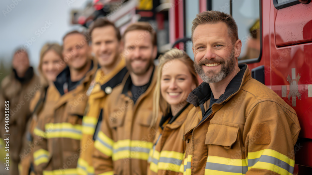 Smiling team of firefighters standing in front of fire truck ready for action Smiling team of firefighters standing in front of fire truck ready for action