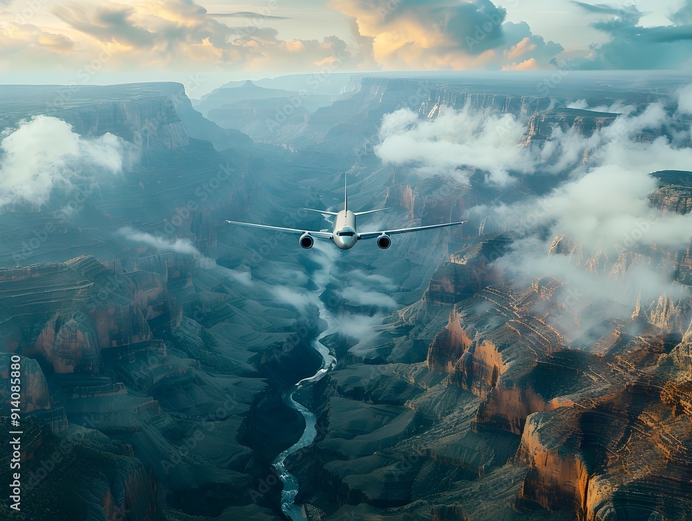 Naklejka premium Dramatic Aerial Landscape With Airplane Soaring Over Rugged Canyon