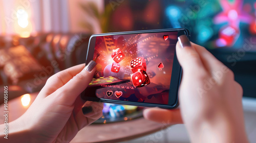 Close-up of hands holding a smartphone displaying a vibrant casino game with dice and hearts icons. Concepts of mobile gaming, entertainment, and online gambling excitement.