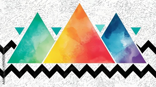 Colorful Abstract Geometric Art with Triangles and Zigzag Patterns photo