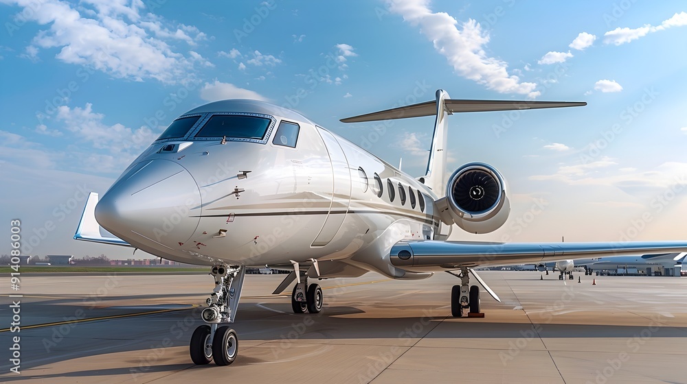 Luxurious Private Jet Awaiting Takeoff on Tarmac with Clear Blue Sky Backdrop Luxurious Private Jet Awaiting Takeoff on Tarmac with Clear Blue Sky Backdrop