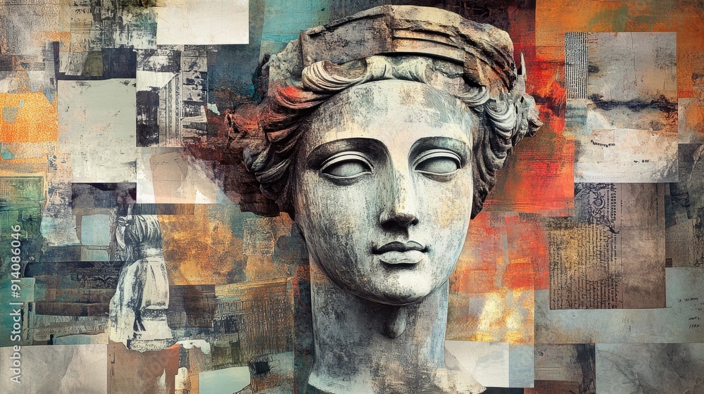 Contemporary art collage featuring an antique statue head in a surreal and modern style. Contemporary art collage featuring an antique statue head in a surreal and modern style.