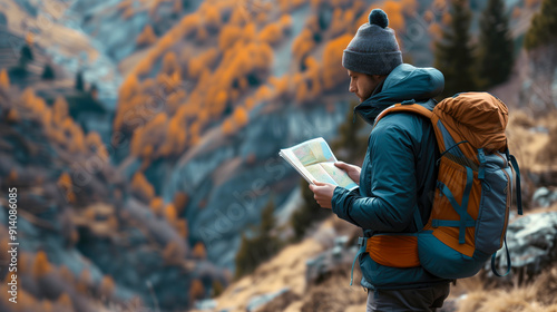 Man in outdoor winter gear holding a map, exploring a mountainous landscape with autumn foliage. Concepts of adventure, exploration, and outdoor activities.