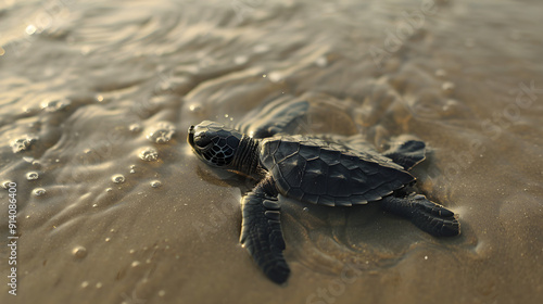 Tiny sea turtle crawl across sandy beach towards glistening ocean waves under bright blue sky.