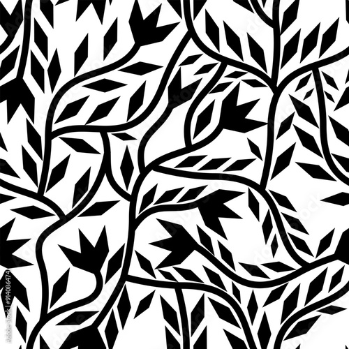 This is a repeating design pattern for an all-over bed sheet and cloth. The pattern is made up of bails and geometric leaves.. sstkBackgrounds.