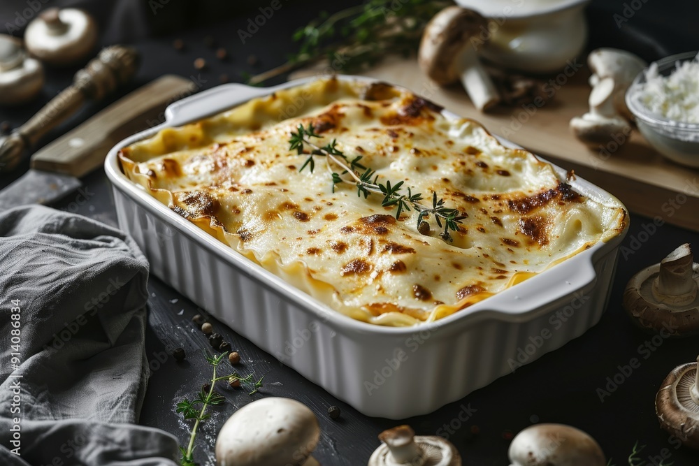Baked pasta with mushrooms on a wooden table Baked pasta with mushrooms on a wooden table