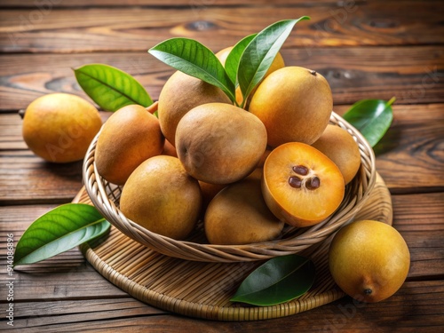 Ripe Pouteria sapota fruits arranged on a wooden table, highlighting their brown skin and creamy white interior, perfect for fresh consumption or creative desserts. photo