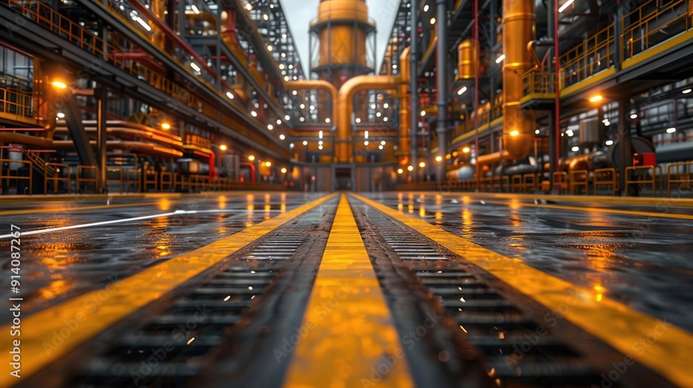 Industrial Facility with Yellow Lines and Wet Pavement Industrial Facility with Yellow Lines and Wet Pavement