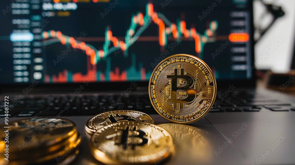 Several Bitcoin coins. Bitcoin growth chart. Several Bitcoin coins. Bitcoin growth chart.