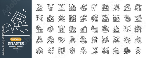 Disaster vector line icon set. Contains linear outline icons like volcano, hurricane, thunder, accident, wave, flood, earthquake, danger, tornado, storm, eruption, pollution. Editable use and stroke.