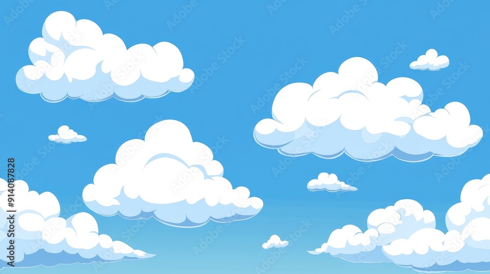 Cute cartoon white clouds against a blue sky, adding a fun and lighthearted touch. Cute cartoon white clouds against a blue sky, adding a fun and lighthearted touch.