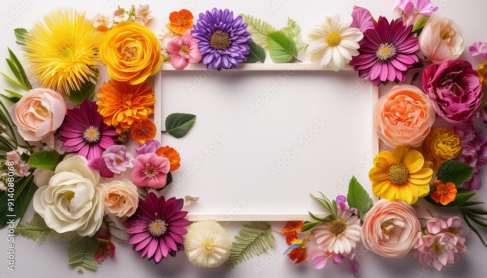 Frame with colorful flowers on clear white background. Greeting card design for holiday, Mot Frame with colorful flowers on clear white background. Greeting card design for holiday, Mot