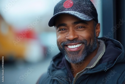 genuine candid portrait of diverse delivery driver midlaugh natural outdoor lighting highlighting authentic expression and uniform details photo