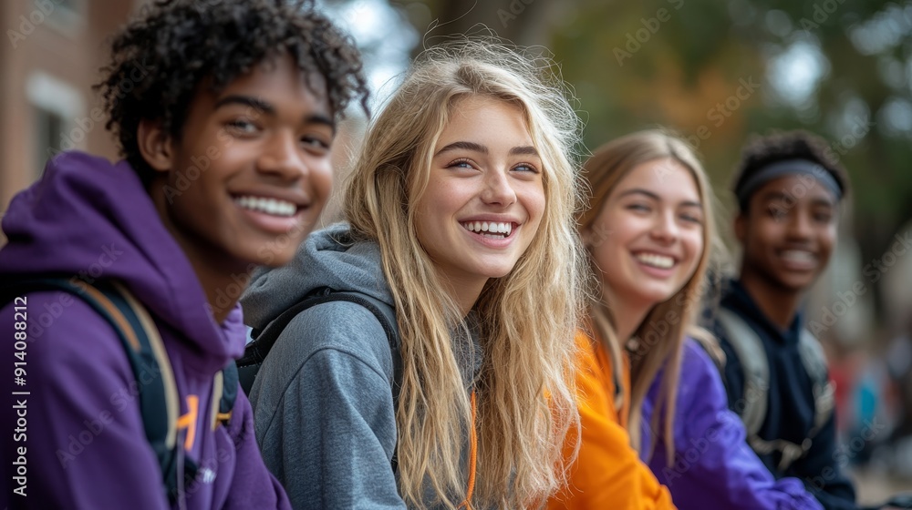 Friends Enjoying Laughter and Conversation on a School Bench in Autumn Friends Enjoying Laughter and Conversation on a School Bench in Autumn
