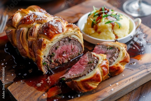 Beef Wellington mashed potatoes sauce on wood board photo