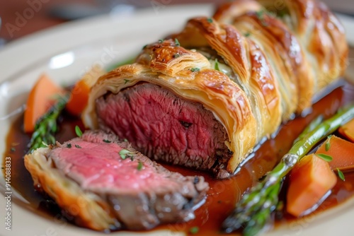 Beef Wellington served with puff pastry photo