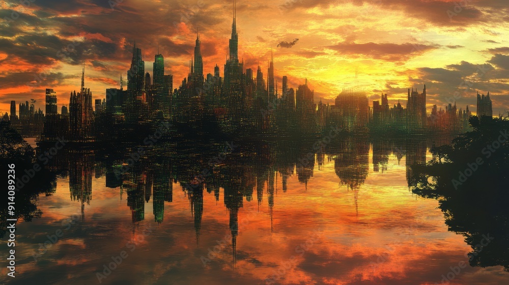 Naklejka premium Glass City: A Stunning Reflection of Color and Light