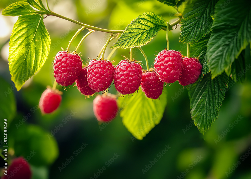 Ripe raspberries on bush Ripe raspberries on bush