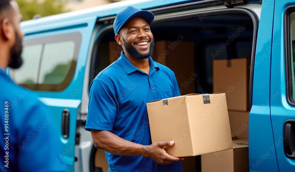 African American Delivery Worker Smiling While Unloading Packages from Delivery Vehicle African American Delivery Worker Smiling While Unloading Packages from Delivery Vehicle