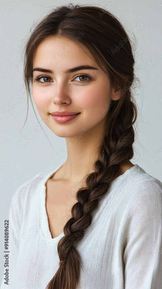 pretty girl with brown hair in a braid on a white background pretty girl with brown hair in a braid on a white background